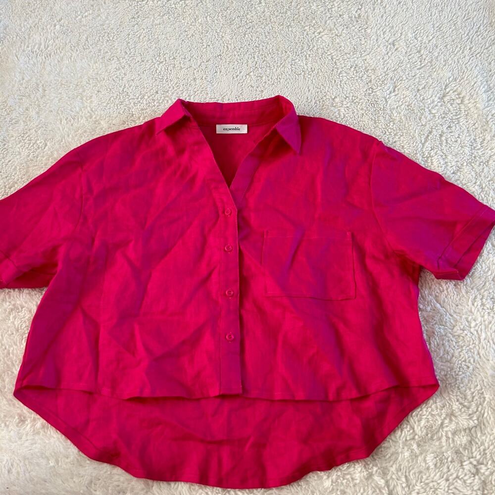 Womens Hot Pink Boxy Linen Button Up Top L Boho European Summer Tomato Scandi